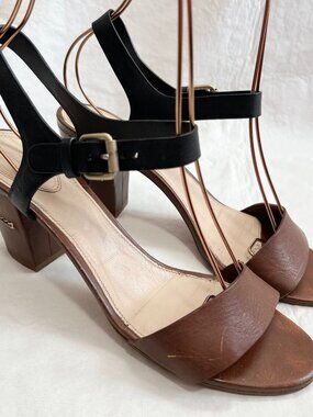 Chloe high heel sandals black brown leather ankle strap 41 US womens 10.5 block